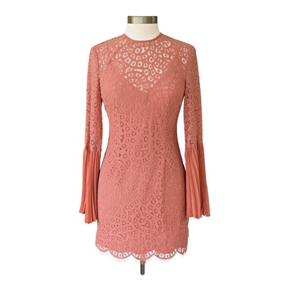 KEEPSAKE Lace Pleated Sleeve Mini Dress in Cinnamon Revolve Long Bell Sleeves - Picture 2 of 10